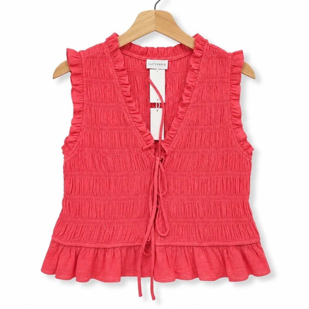 Lucy Paris Smocked Tie Front Top Womens 1X Coral Pink Ruffle Sleeveless Boho